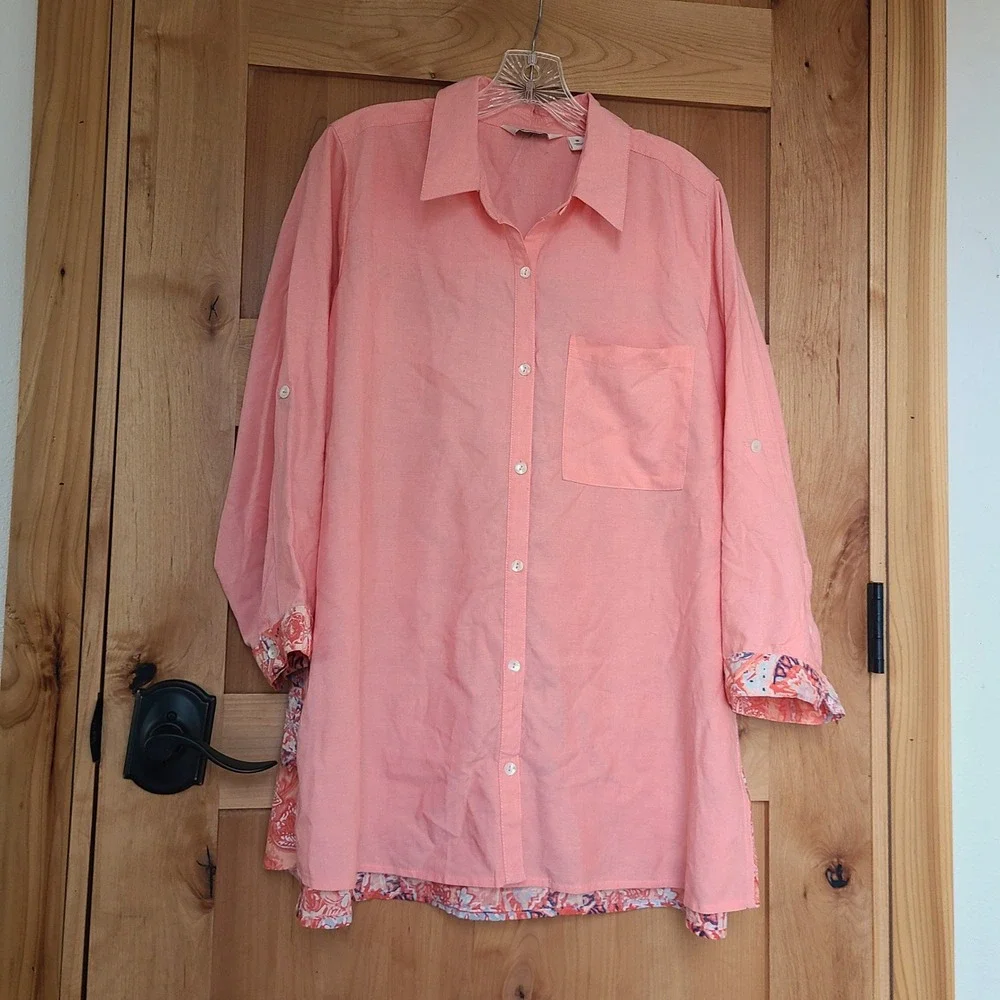 NWT Caffe Marrakesh 1X  Peach Boho Blouse Button Front Bohemian Quiet Luxury XXL - Picture 2 of 8